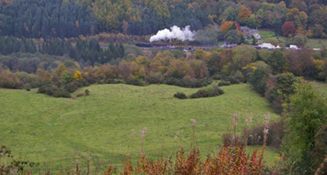 Levisham Station from Surprise View on Newton Banks/from a photo by Arnold Underwood/Oct 2009