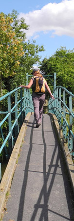 Suzie crosses the suspension bridge at Low Hutton/from a photo by Arnold Underwood/Aug 2013