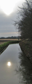 Winter sun reflecting in Nafferton Beck/ from a photo by Arnold Underwood, Jan 2009